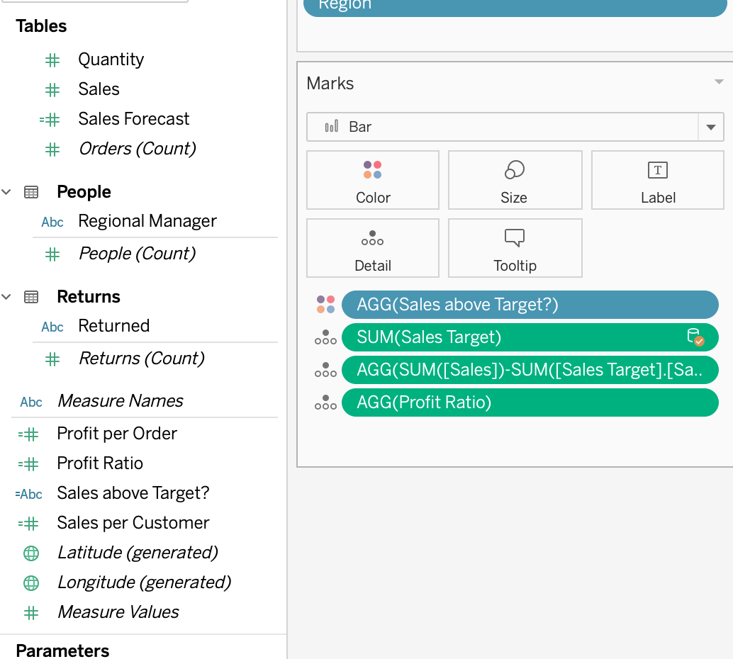 Screenshot of Superstore workbook&rsquo;s measures with Profit Ration under Marks