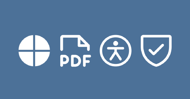 Quarto icon, PDF file icon, accessibility icon, and validation shield